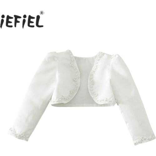 2-10Y Kids Girls Long Sleeves Beaded Bolero Jacket Shrug Bridal Cape Wedding Cloaks Shawl Shrug Outerwear Flower Girls Cardigan