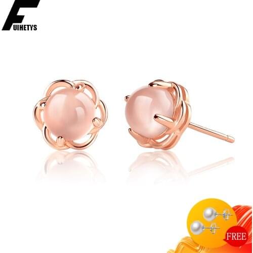 Bali Jelry 925 Silver Women Earring Round Rose Quartz Gemstone Stud Earrings Rose Gold Jewelry Accessories Wedding Engagement