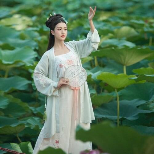 Original Design Peony Embroidery Womens Chinese Style Hanfu Set: Long Trench + Vest + Long Trousers Pants Green