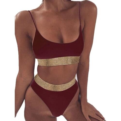 Ladies Sexy High Waist Bikini Solid Color Split Swimsuit Sports Sexy Bikini Solid Color Split Swimsuit Sequin Swimsuit