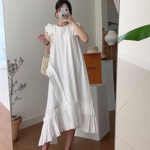 Temperament White Ruffled O Neck Flying Sleeves Irregular Dress Women Patchwork Loose Solid Casual Vestido De Mujer Pleated