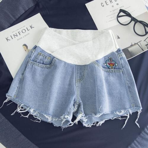 1877# Summer Thin Denim Maternity Short Jeans Across V Low Waist Belly Shorts for Pregnant Women Casual Loose Hot Cool Pregnancy