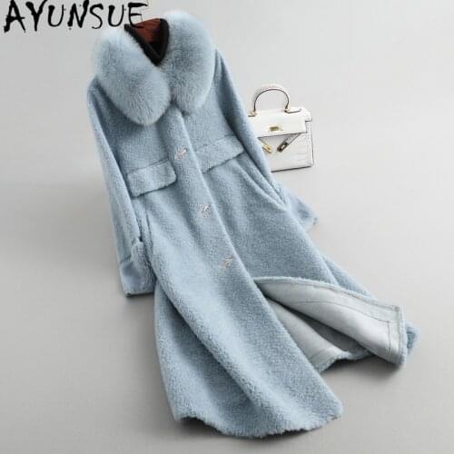 AYUNSUE Real Fur Coat Female Winter Jacket Women Clothes 100% Wool Sheep Shearing Jacket Fox Fur Collar Long Korean 2020 KLX-286