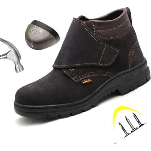 Ankle Safety Boots Men Suede Leather Hook&Loop Steel Toe Non-smashing Puncture-resistant Indestructible Welding Shoes Work Boots