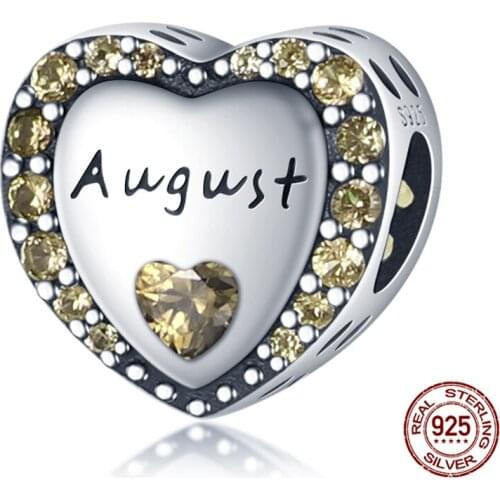 100% Real 925 Sterling Silver Deep Yellow August Heart Shape Beads Fit Original 3mm Bracelet&Bangle Women Fashion Jewelry Gift