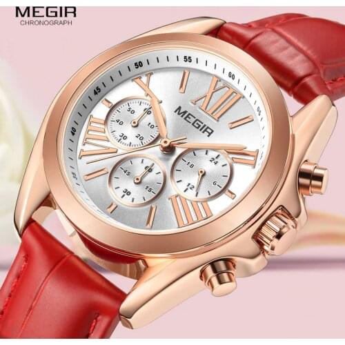 MEGIR Womens Casual Quartz Red Watches Chronograph Leather Strap Business Wristwatch for Lady Relogios Feminiinos Clock 2114