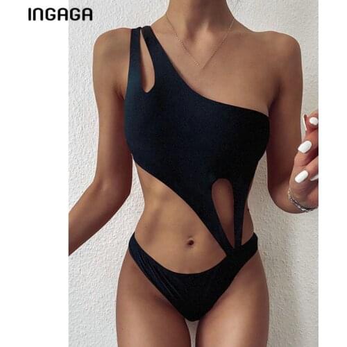 INGAGA Cut Out Swimsuits One Shoulder Swimwear Women One-Piece Beachwear 2021 New Bathing Suit Summer Backless Swim Suit