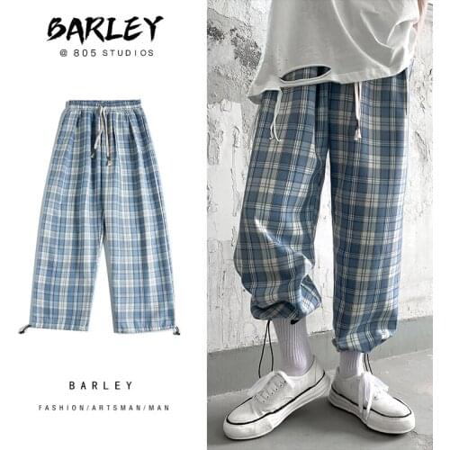 Plaid Pants Men Hip hop Pants Streetwear Summer Loose Lightweight Elastic waist Ankle-Length Trousers