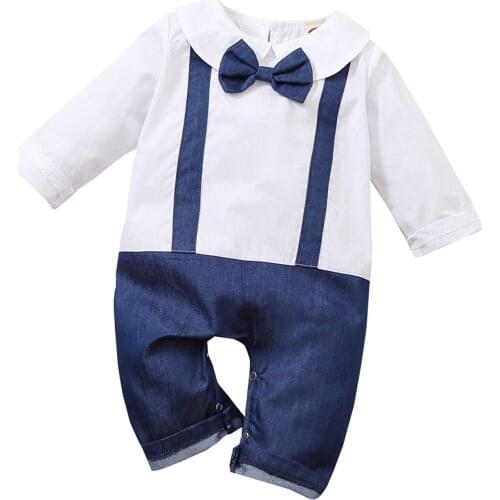 Newborn Infant Baby Boys Girls Clothes False Two Pieces Bow Tie Romper Long Sleeve Autumn Jumpsuit 3 6 12 18 Months ropa bebé