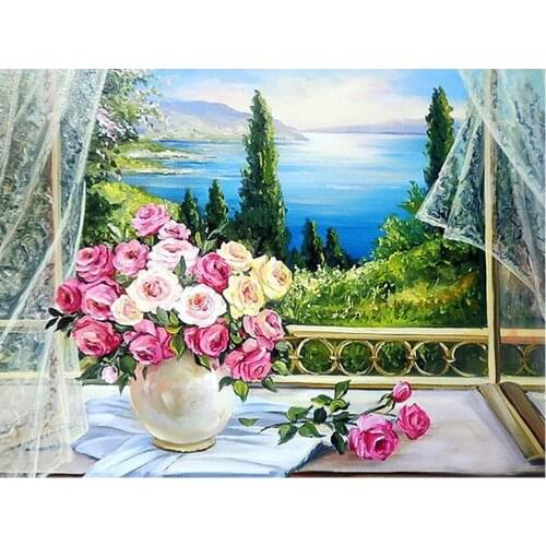 Round Full Drill Flower Window Landscape Mosaic Picture Diamond Embroidery Home Decoration Hobby Gift
