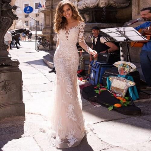 LORIE 2019 Princess Mermaid Wedding Dress Long Sleeves Appliqued Tulle Buttons Back Boho Wedding Gown Long Train Bride Dress