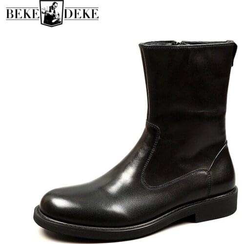 High Quality Mens Black Genuine Leather Casual Zippers High-Top Thick Bottom Round Toe Vintage Cowhide Winter Warm Ankle Boot