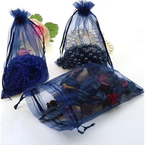 Wholesale 100pcs/lot 13x18cm Navy Blue Wedding Drawable Organza Voile Gift Packaging Bags&Pouches Can Customized Logo Printing