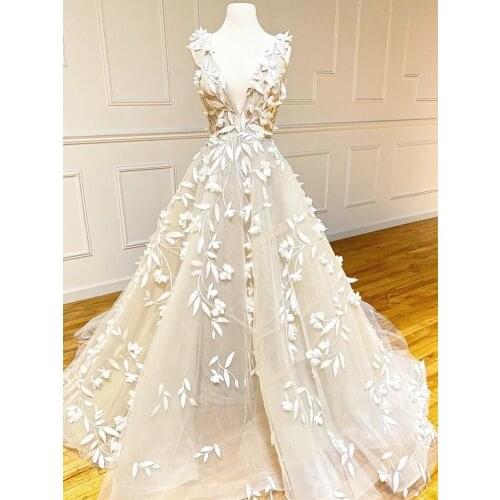 Luxury 3D Flowers Deep V Neck Prom Dress Sleeveless Evening Gown A-line Lace Up Back Vestido De