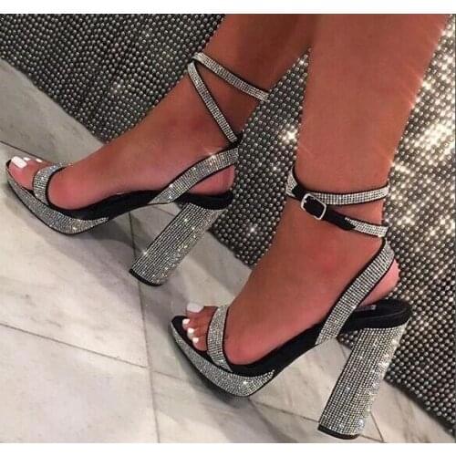 Luxury Crystal Women Square Heels Sandals Ankle Strap Peep Toe Gladiator Sandals Shoes Cut-out Platform Chunky Heel Banquet Shoe
