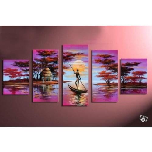 Hand-painted wall art boat tribal national people home decoration abstract Landscape oil painting on canvas 5pcs/set mixorde