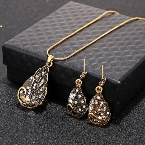 Fashion Bohemian Crystal Pendant Jewelry Set For Women Girls Antique peacock Drop water shaped Stud Earring Necklace Party Gifts
