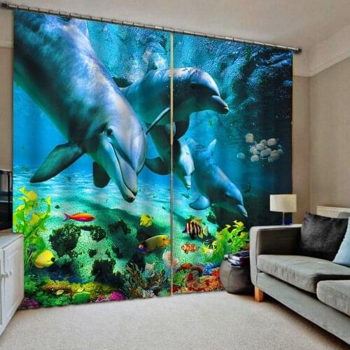 Window curtains for living room bedroom blackout curtains blue ocean dolphin curtains Blackout curtain
