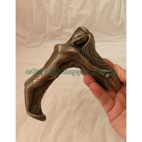 Old Bronze Handmade Carved belle Collect Mermaid Statue Walking Stick Head