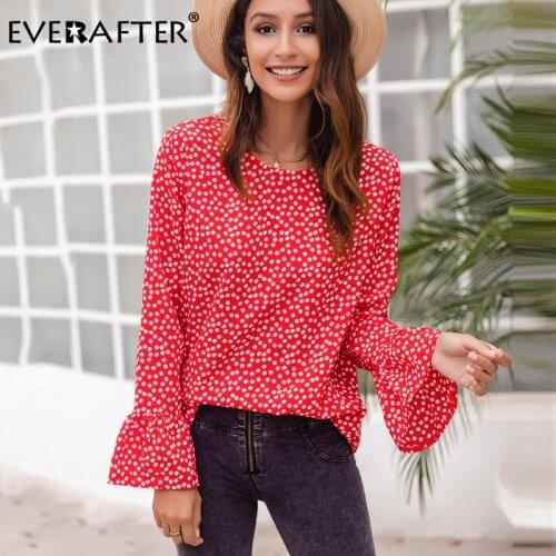 EVERAFTER Casual polka dot women blouse shirt O-neck long sleeve loose autumn shirt tops ruffle holiday chic floral print blouse