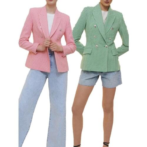 ZA summer new womens clothing versatile lapel long sleeves with shoulder pads houndstooth slim casual suit jacket