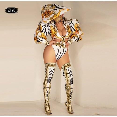 Women Gogo Rave Outfit Sexy Nightclub Bar Party Dj Hat Jacket Pants Foot Sleeve Suit Golden Jazz Dance Costume Stage Costume Set