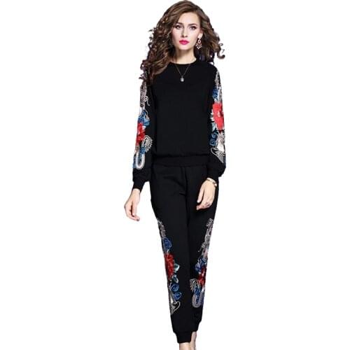 Plus Size Womens Tracksuit 2021 Autumn Casual Round neck Long Sleeve Sportwear 2 Piece Pants Sets Embroidery Women Sweat Suits