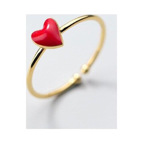 Daisies 925 Sterling Silver Cute Enamel Red Heart Open Adjustable Ring For Women Wedding Party Fashion Jewelry