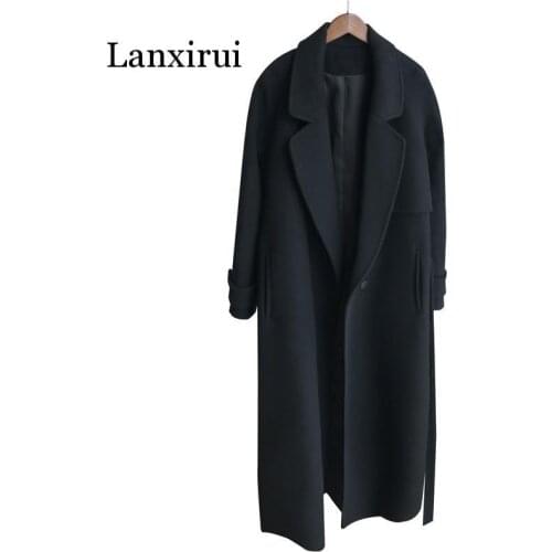 Winter women cashmere wool jacket new fashion medium long loose woolen coat black slim long-sleeved woolen outerwear
