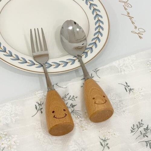 3pcs Japanese INS Stainless Steel Wooden Handle Western Tableware Cute Steak Sailukin Spoon Wooden Handle Fork Kitchen Tools