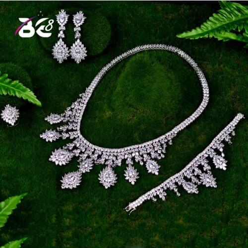 Be 8 Luxury Women Jewels Elegant Shape Bridal CZ necklace earrings bracelet ring 4pcs Big Wedding Jewelry Sets For Bride S040