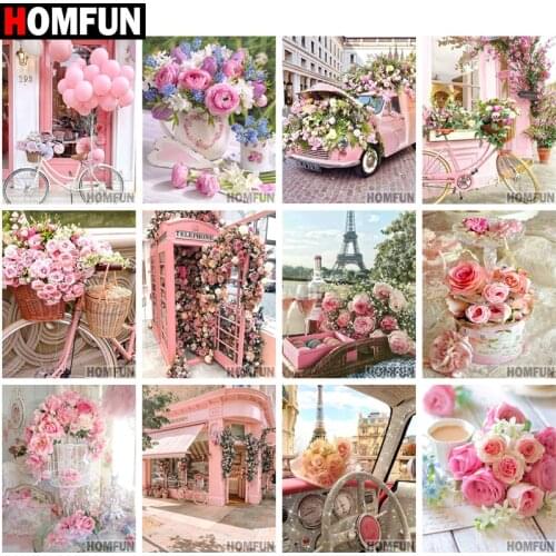 HOMFUN Diamond Painting Full Square/Round Drill 5D DIY "Rose flower car Tower" Daimond Embroidery Rhinestone Cross Stitch Decor