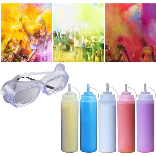 Behogar 5 Bottles Festival Running Throw Colored Rainbow Corn Starch Powder Gags Flour with Glasses for HOLI Party Christmas