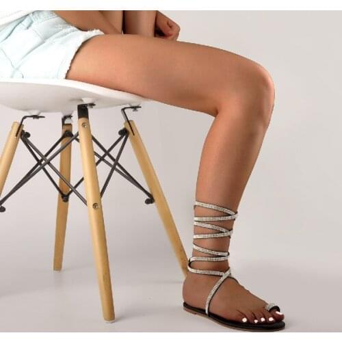 Summer Womens Flats Richealnana Lace-Up Ankle Bling Rhinestone Strappy Toe Ring Sandals Casual Party Dressing Large Size US15