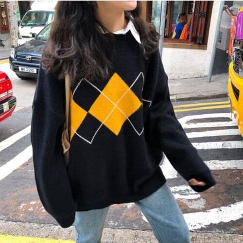 2020 Female Long Sleeve Korean Hot Sale Oversize Jumpers Autumn Sweater Women Geometric Pattern Fashion Basic Casual Regular To