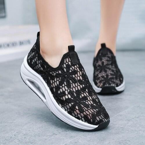 Lucyever Breathable Hollow Out Sneakers Women Summer Flower Slip on Med Heels Casual Shoes Woman Mesh Air Cushion Sports Shoes