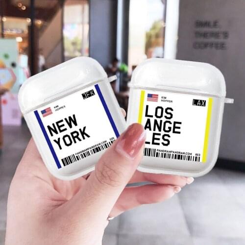 Fashion INS US City Label Bar Code Bluetooth Headset Case for Airpods 2 1 Letter Air Tickets Earphone Clear Soft TPU Case Coque