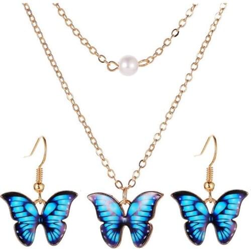 Butterfly Jewelry Sets Earrings Necklace Butterfly Jewelry Sets Fake Pearl Insect Design For Women Party Earrings Necklace Set