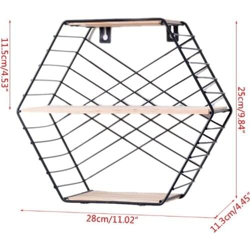 Wall Mounted Floating Shelf Modern Simple Geometry Wood Metal Wire Hexagon Plant Flower Storage Shelves Display Perfect Decor