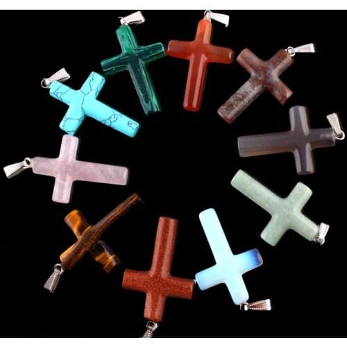 Natural 40mm Cross Pendants Opalite Carnelian Green aventurine Silver-color Pendulum Chakra healing Reiki Stone Free pouch