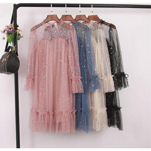 2019 New Fashion Spring Women Flower Flare Sleeve Dresses Summer Sequined Mesh Dress Long Sexy Dress Clothing Vestidos WZ755