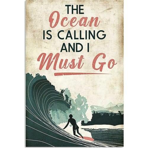 Beach Tin Sign Surfing The Ocean Is Calling I Must Go Metal Poster Vintage Tin Signs Wall Decor Art Poster Wall Plaque