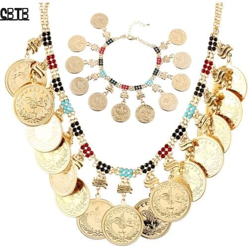 Oman Crystal Bracelet Turkish Islamic Coin Pendant Necklace for Woman Muslim Wedding Luxury Jewelry Set Accessories Gift