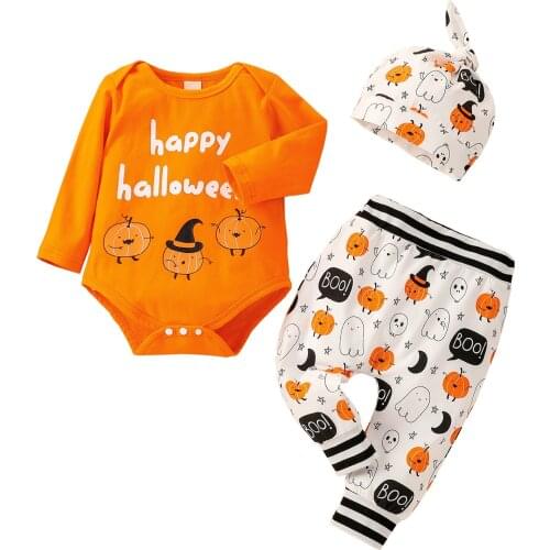 Citgeett Autumn Halloween Newborn Baby Girls Boys Outfit Letters Long Sleeves Romper + Pumpkin Print Pants + Hat 0-12 Months