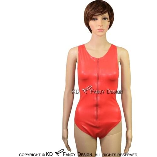Red Sexy Sleeveless Latex Swimsuit High Cut Leg With Front Zipper Round Collar Body Suit Catsuit Rubber Bodysuit LTY-0007