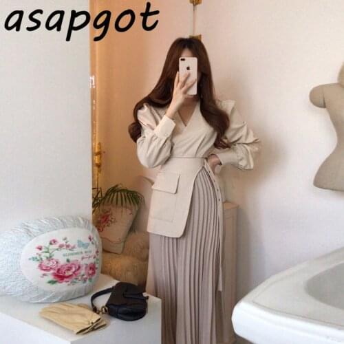 Dresses Chic Korean Temperament Elegant Slim High Waist V Neck Puff Long Sleeve Patchwork Pleated Dress Office Lady Vestidos