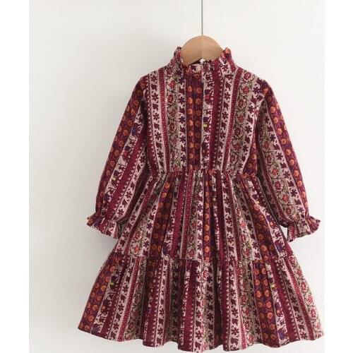Girls Dresses Vintage Floral Print Long Sleeve Dress Spring Autumn Princess Dresses Ruched A-Line Children Clothes