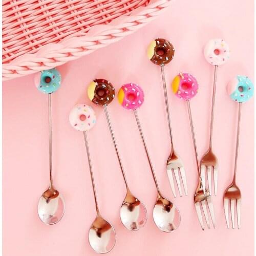 Doughnut Design 304 Stainless Steel Coffee Spoon Fruit Fork Stirring Milk Teaspoon Dessert Fruit Scoop Kitchen Tableware 12cm