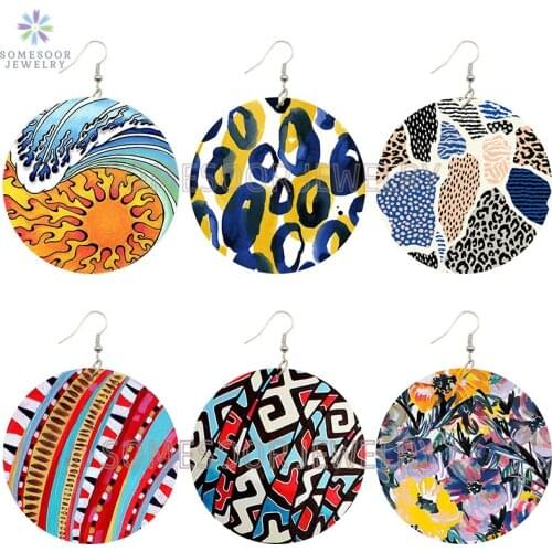 SOMESOOR Bohemian Arts Painting Leopard Wooden Drop Earrings Animal skin Printed Vintage Loops Dangle Jewelry For Women Gifts