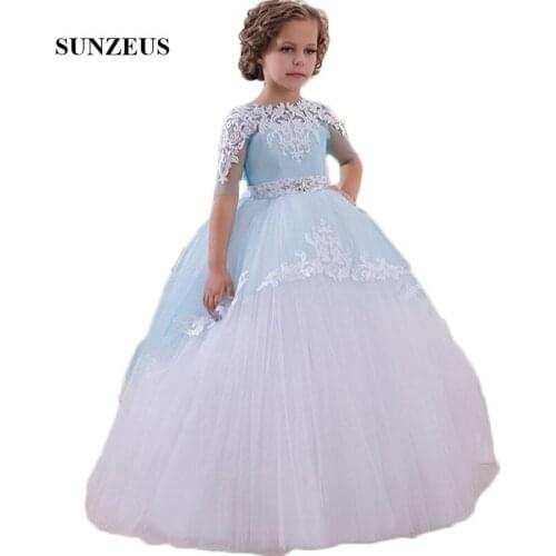 Blue and White Ball Gown Flower Girls Dresses Appliques Half Sleeve Tulle Dress for Pageant Party Beaded First Communion SF31